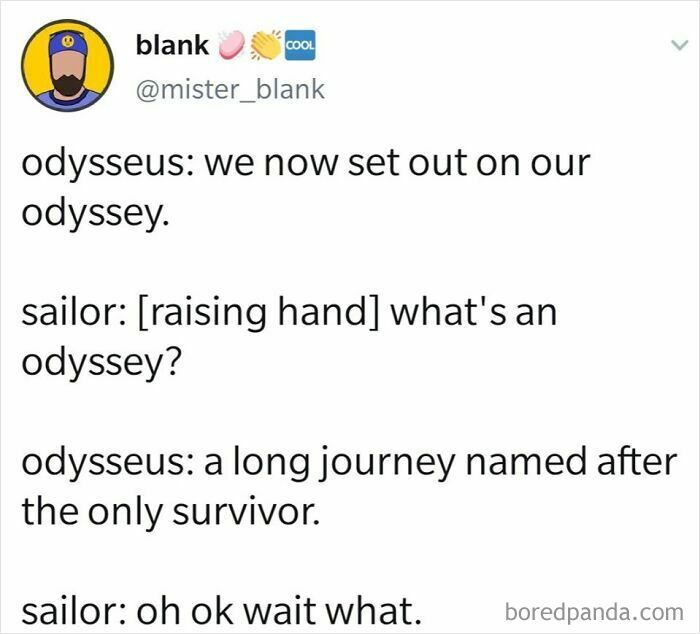 Tweet meme showing a humorous conversation about Odysseus and an odyssey, featuring mythology and chaotic moments.