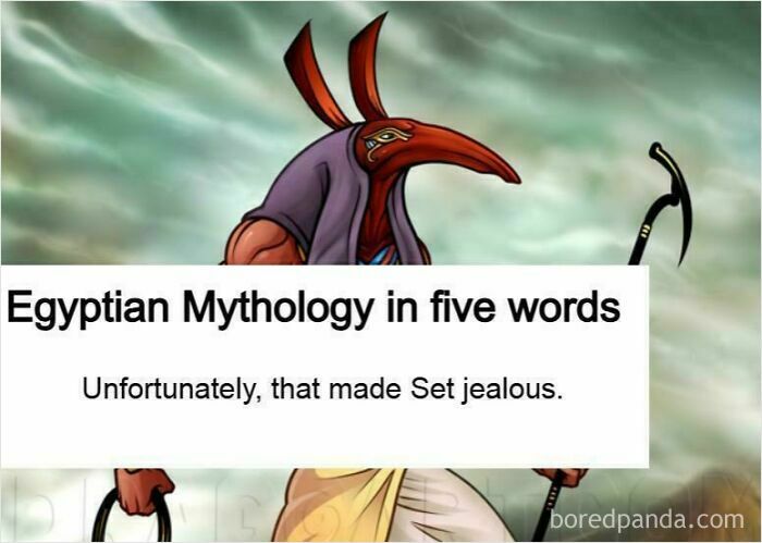 Ancient mythology meme showing Egyptian god with humorous reference to Set's jealousy and chaotic reality TV vibes.