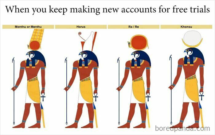 Ancient Egyptian gods Monthu, Horus, Ra, and Khonsu depicted in a humorous meme about free trial accounts.