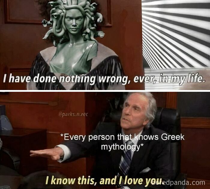 Medusa statue saying she has done nothing wrong, with a man labeled every person knowing Greek mythology responding humorously.