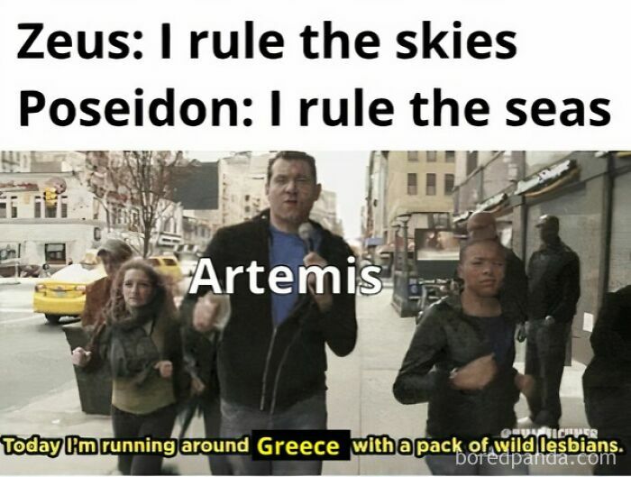 Scene from a chaotic meme featuring mythology gods Zeus, Poseidon, and Artemis running in a city with humorous captions.