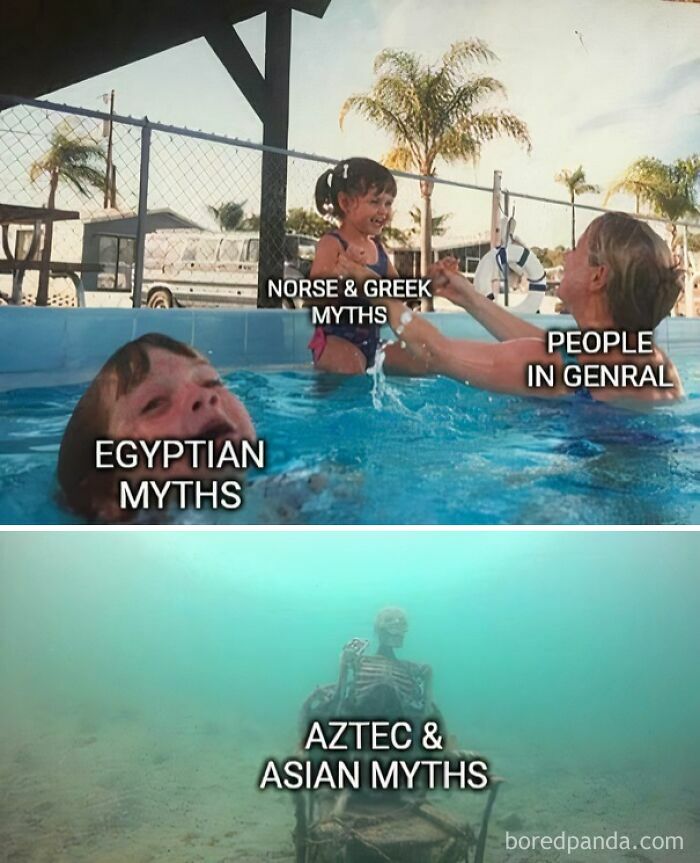 Humorous meme comparing Norse, Greek, Egyptian, Aztec, and Asian mythology with people in general, showing chaotic ancient myths.