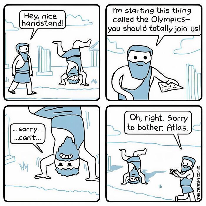 Comic strip showing a humorous mythology meme featuring Atlas struggling with a handstand and the Olympics invitation.