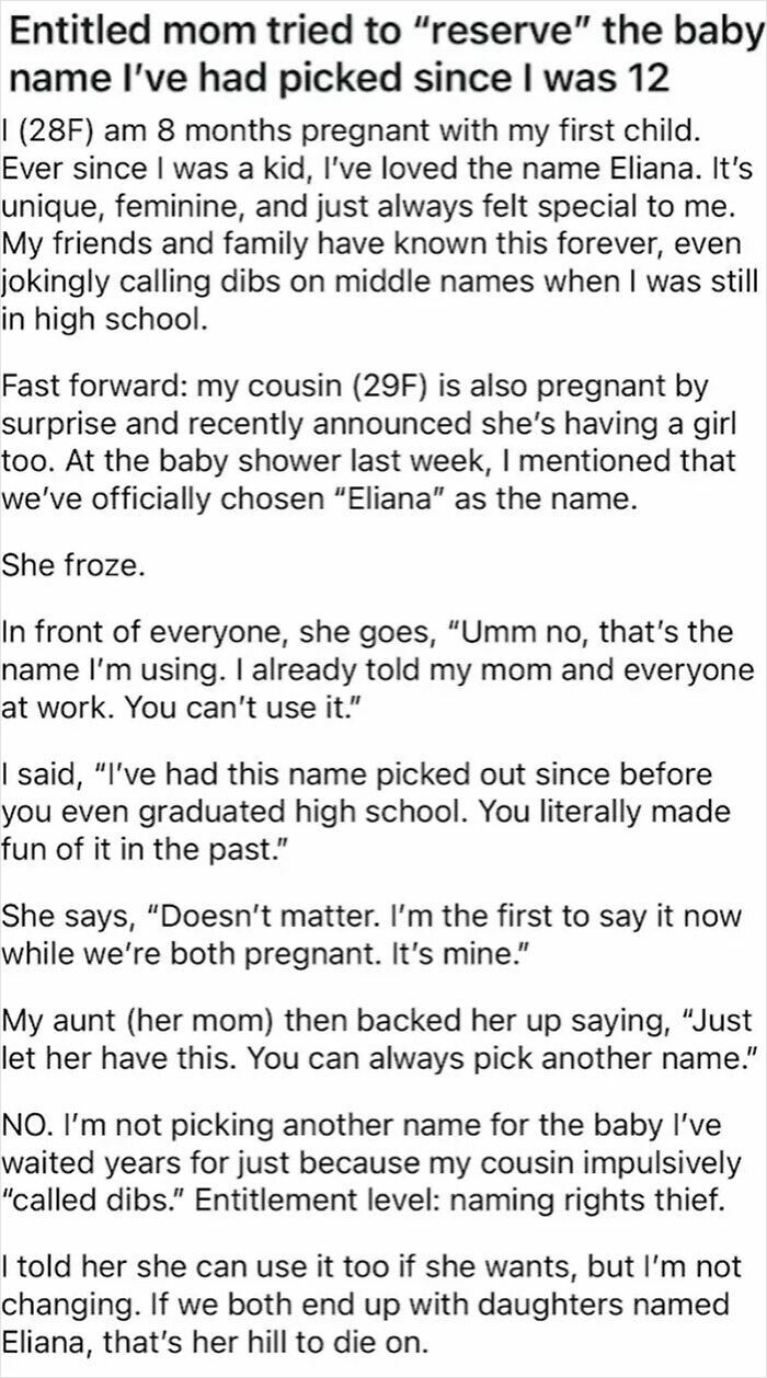 Text post describing an entitlement conflict over baby names, illustrating people who ignore rules and etiquette.