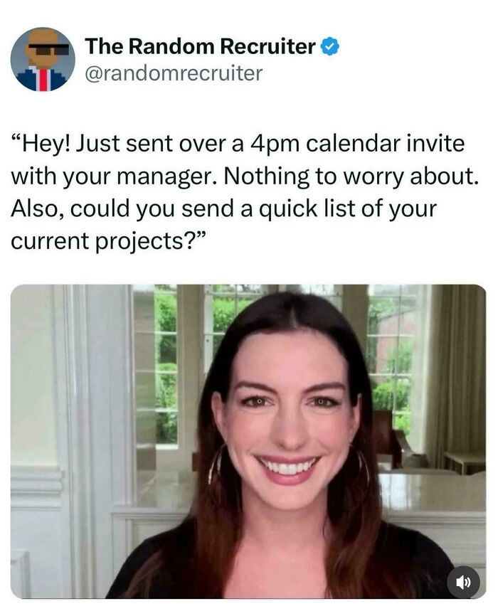 Woman smiling during virtual meeting with outrageously demanding job requirements in calendar invite message.