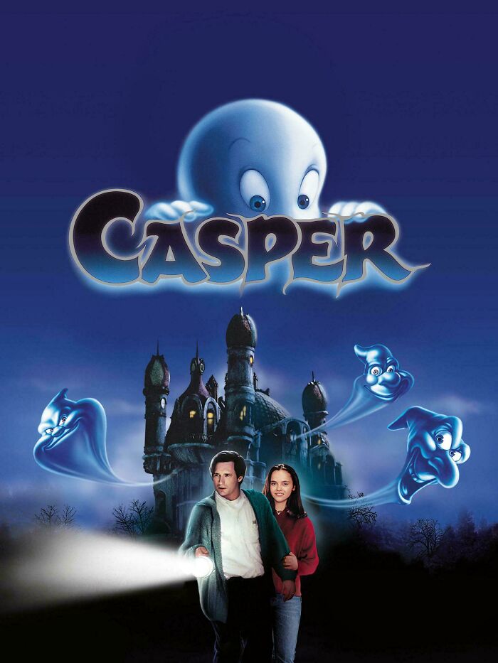 Casper friendly ghost movie poster with haunted house and two people