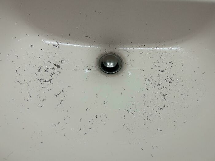 Dirty sink with scattered hair strands showing lack of care for rules and etiquette in shared bathroom spaces.