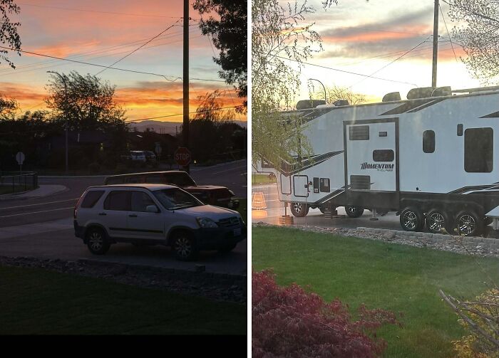 Car parked partially on sidewalk at sunset and oversized RV blocking driveway, showing disregard for rules and etiquette.