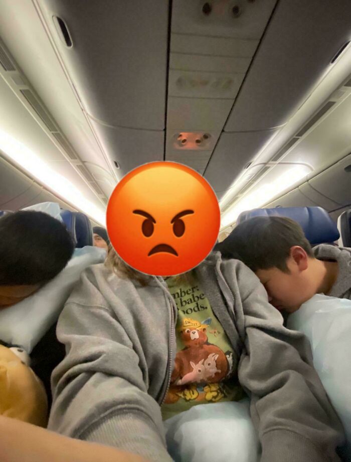 Airplane passengers taking up extra space, showing no care about rules and etiquette in a crowded flight cabin.