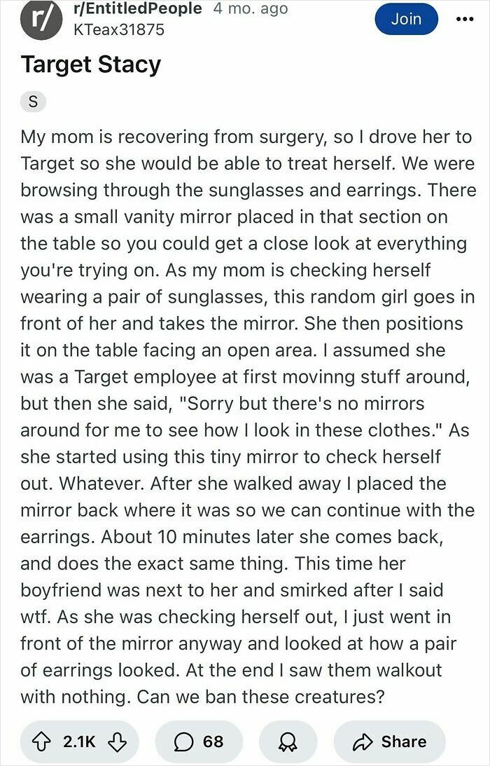 Reddit post describing a rule-breaking person repeatedly moving a mirror in a store, ignoring etiquette and respect.