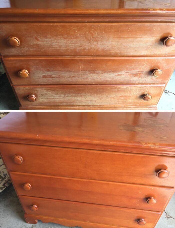Before and after image showing genius hacks for hiding ugly wood damage on a wooden dresser restoration.
