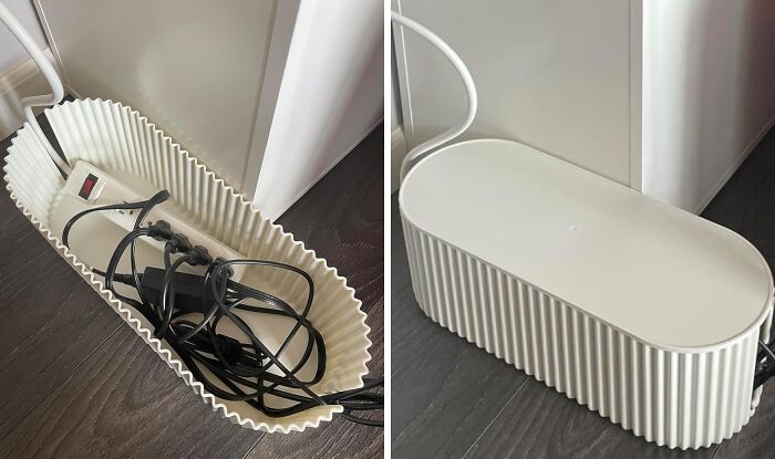 Cable organizer box hiding messy cords on dark wood floor as a genius hack for hiding ugly stuff.
