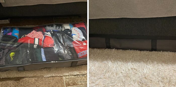 Under bed storage container neatly hiding clothes and clutter, demonstrating genius hacks for hiding ugly stuff effectively.