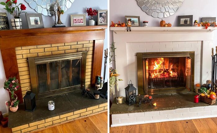 Before and after photos showing genius hacks for hiding ugly fireplace features with paint and decor improvements.