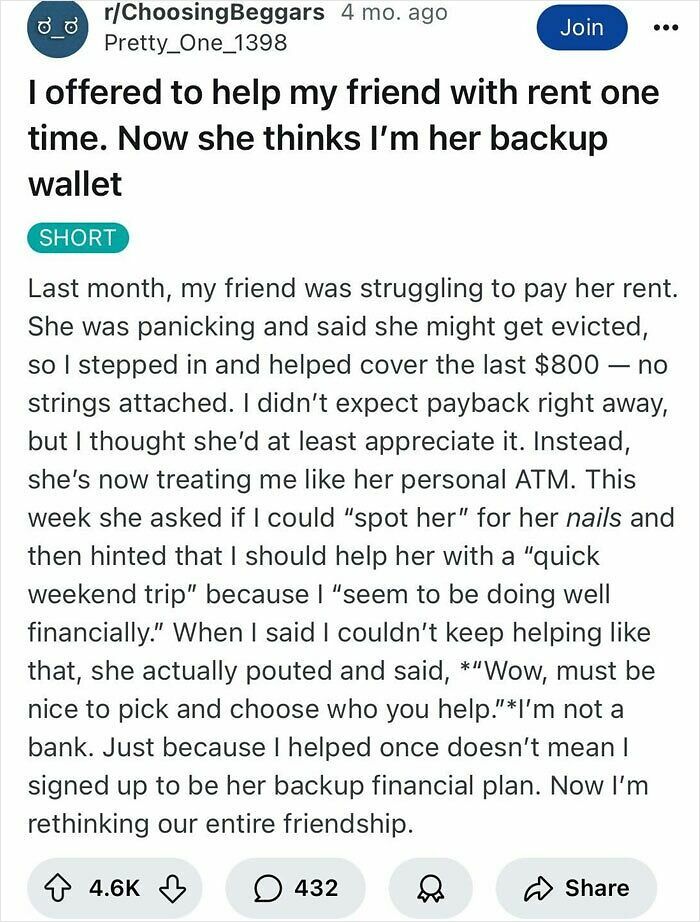 Reddit post about friend exploiting financial help, showing lack of care about rules and etiquette in friendship boundaries.