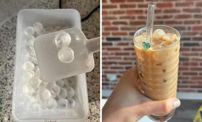 Clear reusable ice spheres being scooped from a container and used in a durable glass of iced coffee.