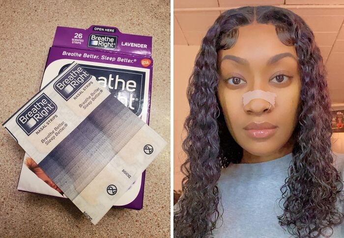 Breathe Right nasal strips in lavender scent next to a woman wearing a nose strip for better breathing and sleep.