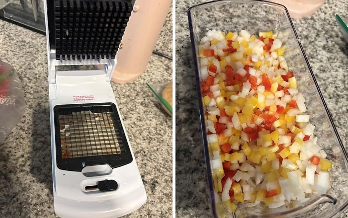 Durable vegetable chopper with sharp blades on countertop alongside freshly diced peppers and onions in a container
