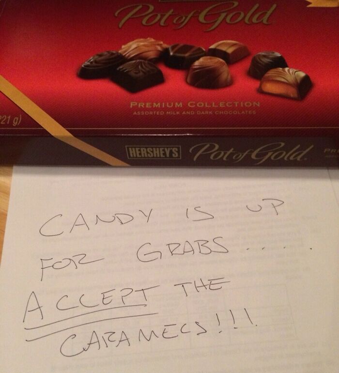 Hershey’s Pot of Gold chocolates on table with handwritten note about candy and caramels as a funny lesson learned.
