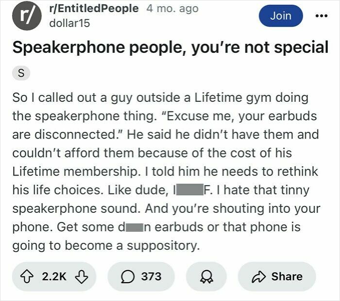 Reddit post calling out a man using speakerphone outside a gym, highlighting lack of etiquette and disregard for rules.