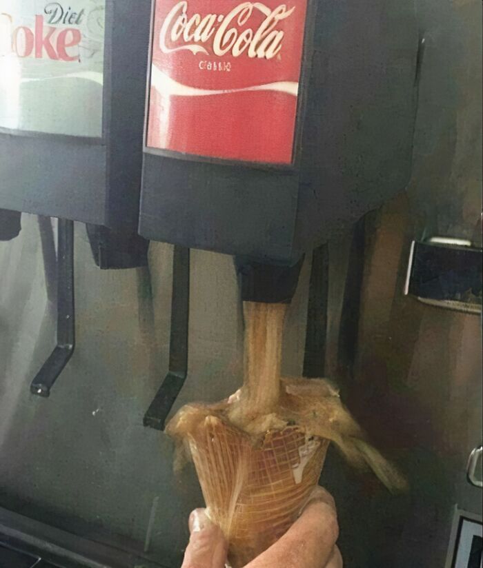Soda dispenser pouring Coca-Cola into a melting ice cream cone representing unhealthy food choices affecting physical and mental health.