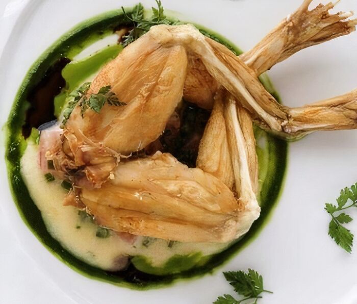 Fried frog legs garnished with herbs and sauce, representing food nobody should eat for physical and mental health.