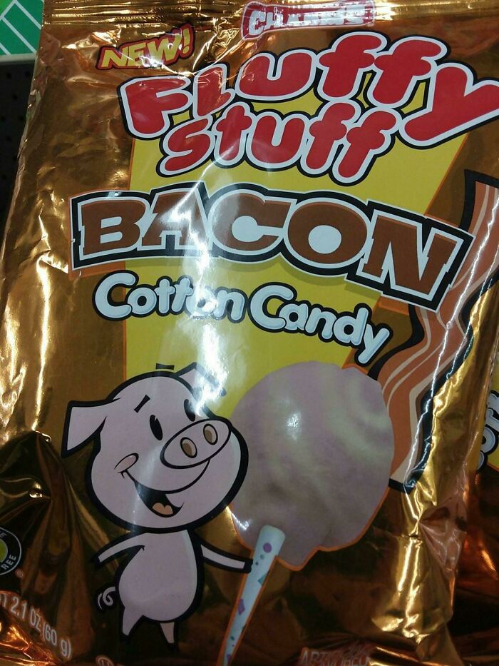 Package of fluffy stuff bacon cotton candy with a cartoon pig, highlighting unhealthy food affecting physical and mental health.