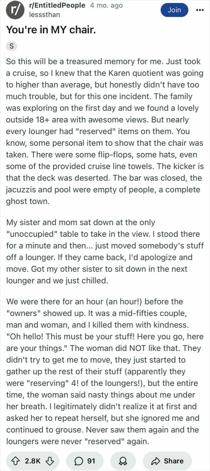 Alt text: Story of people ignoring rules and etiquette by reserving loungers with items on an empty cruise ship deck.