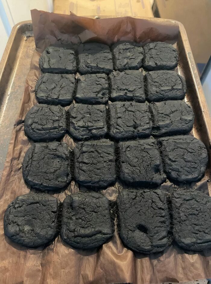Burnt food squares laid out on a tray, illustrating unhealthy food nobody should eat for physical and mental health.