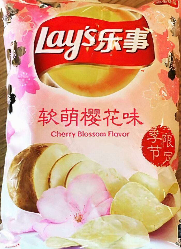 Lay's cherry blossom flavor potato chips bag, a food nobody should eat for physical and mental health.