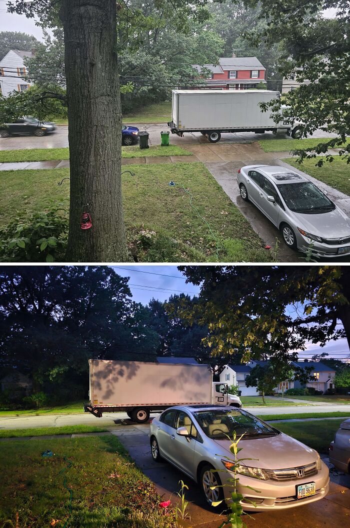 White box truck blocking driveway and sidewalk, illustrating lack of care about rules and etiquette in residential neighborhood.