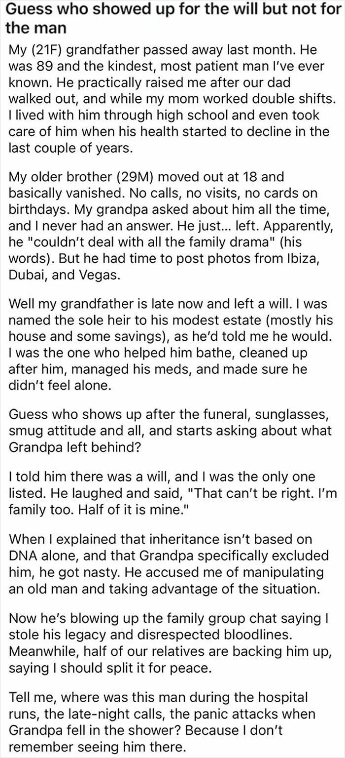 Text post describing family drama over inheritance, highlighting people who show no care about rules and etiquette.