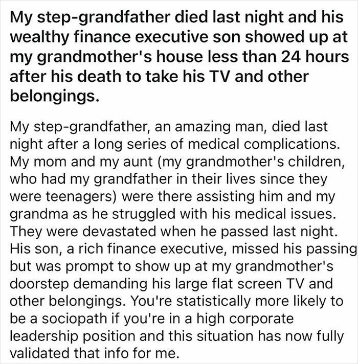 Alt text: Infuriating photo showing disregard for etiquette as finance executive takes belongings hours after step-grandfather's death