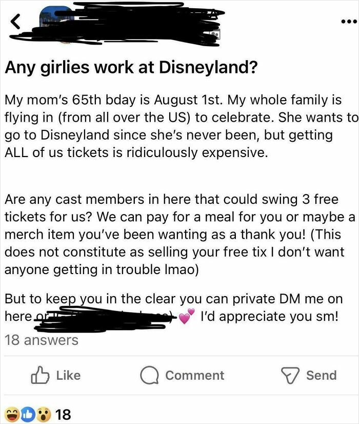 Screenshot of a social media post asking Disneyland cast members for free tickets, showing disregard for rules and etiquette.