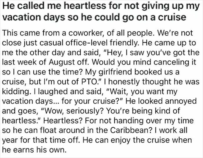 Infuriating photo of a coworker demanding vacation days for a cruise, showing no care about rules and etiquette.