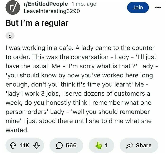 Reddit post from r/EntitledPeople describing a rude customer ignoring rules and etiquette in a café conversation.
