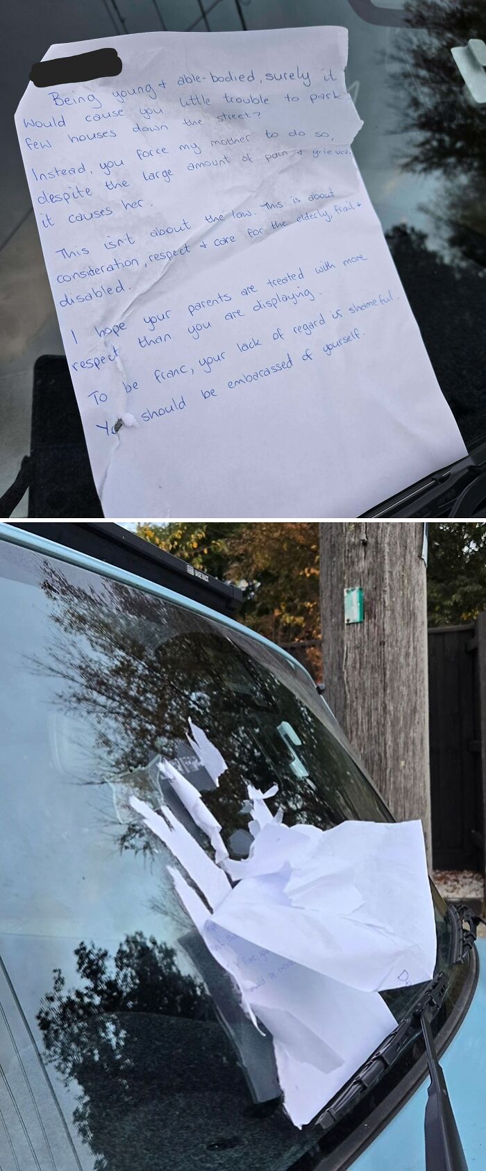 Torn note left on car windshield criticizing disregard for rules and etiquette, highlighting frustration with selfish behavior.