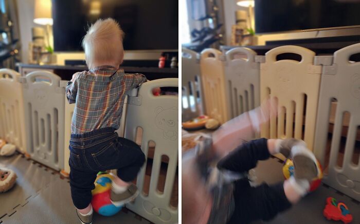 Toddler learning their lesson after a funny fall near a playpen, showing comical moments of playful childhood lessons.