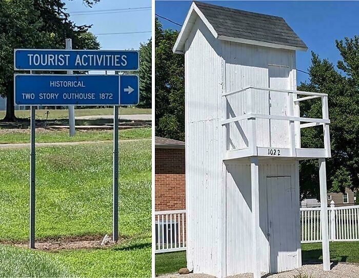 Sign for historical two-story outhouse and image of the unique tall white outhouse showing funny ways people learned their lesson.