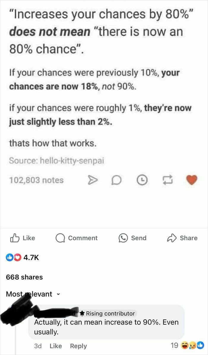 Screenshot explaining how increasing chances by 80% works, posted in a group shaming overconfident know-it-alls.
