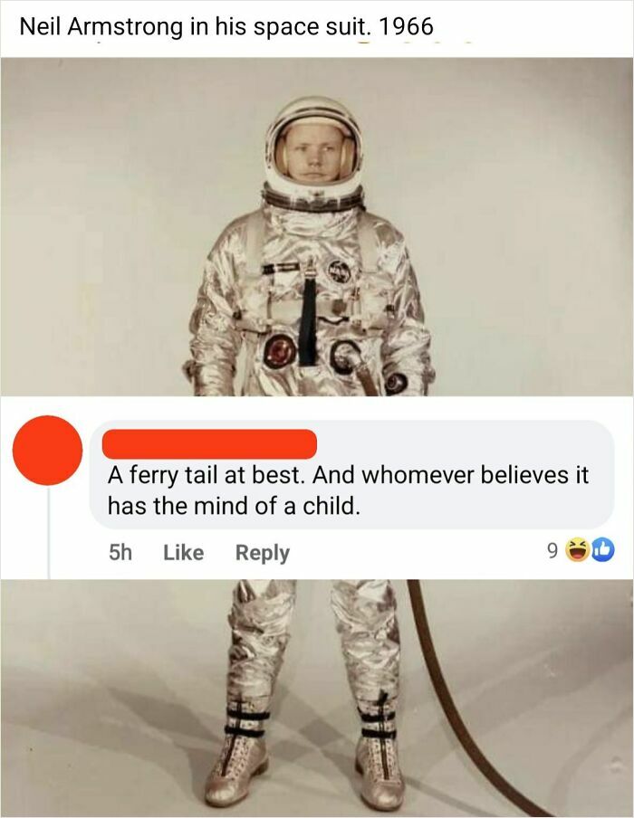 Vintage photo of Neil Armstrong in space suit with overconfident know-it-all incorrectly correcting the fact.