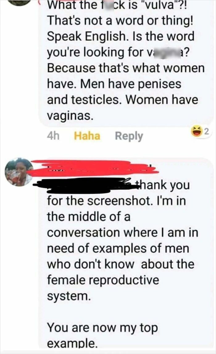 Screenshot from an online group shaming overconfident know-it-alls who incorrectly correct people about female anatomy.