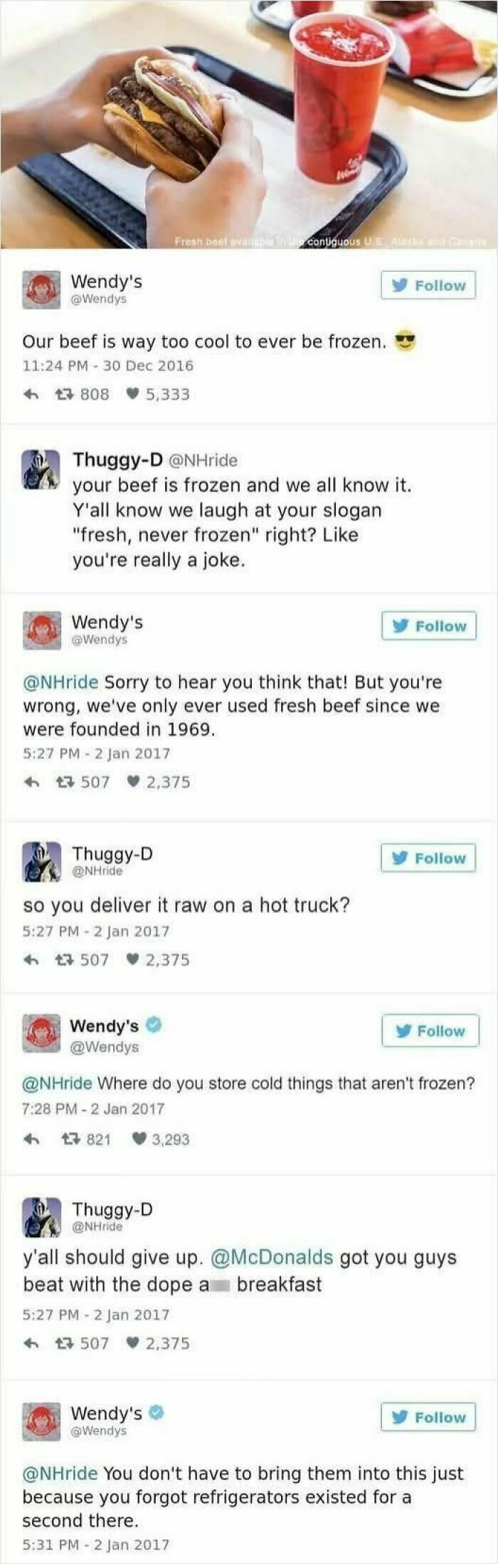 Wendy’s Twitter exchange shaming overconfident know-it-alls incorrectly correcting fresh beef claims.
