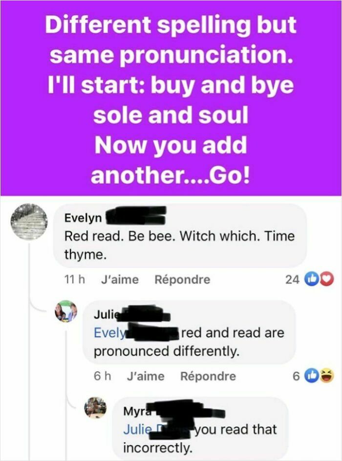 Online group post shows examples of overconfident know-it-alls incorrectly correcting pronunciation errors.