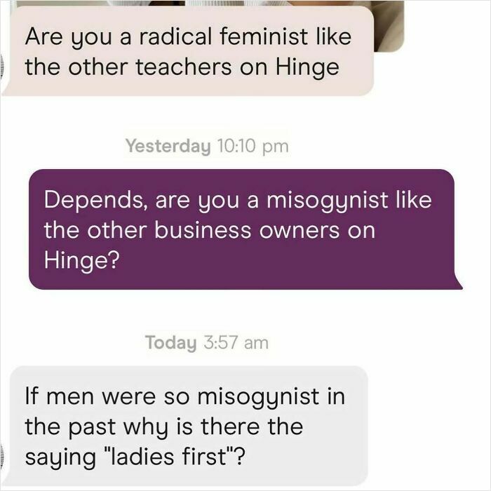 Screenshot of cringy men hitting on women with misleading and outdated comments on a dating app conversation.