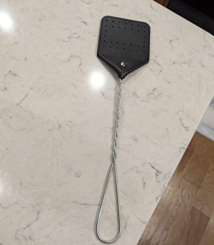 Black fly swatter on a marble countertop illustrating one of the funny ways people learned their lesson.