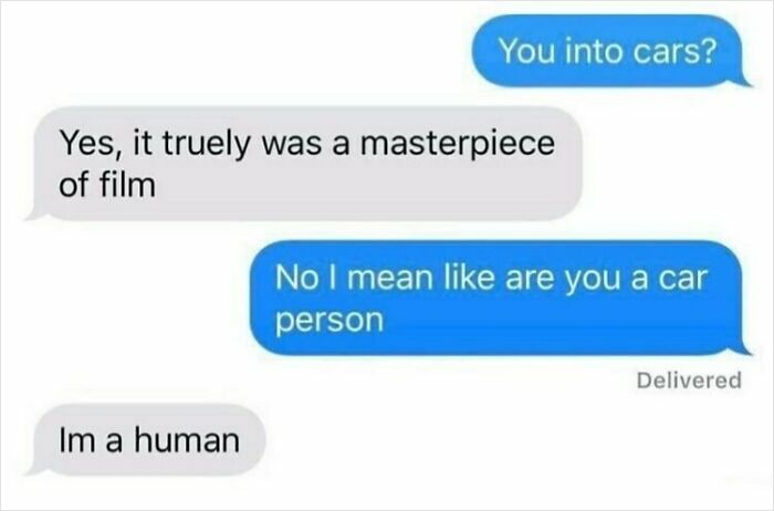 Screenshot of a cringy conversation where a man misunderstands questions while hitting on a woman.