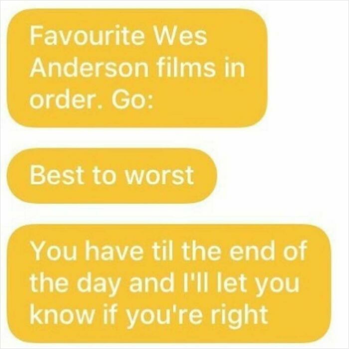 Text message conversation showing a man awkwardly asking about favorite Wes Anderson films, part of cringy men hitting on women.