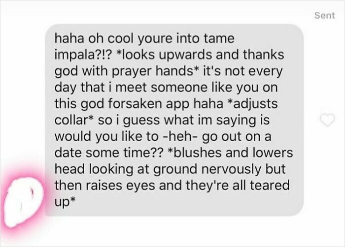 Screenshot of a cringy message from a man nervously asking a woman out on a date, showing awkward flirting.