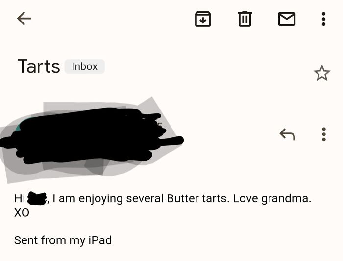 Email screenshot showing a message about enjoying several butter tarts, relating to funny ways people learned their lesson.